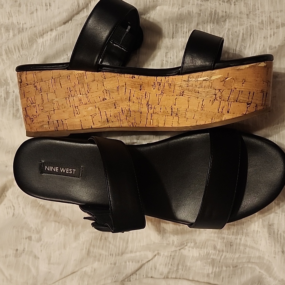 Nine West Sandals black leather look wedge.